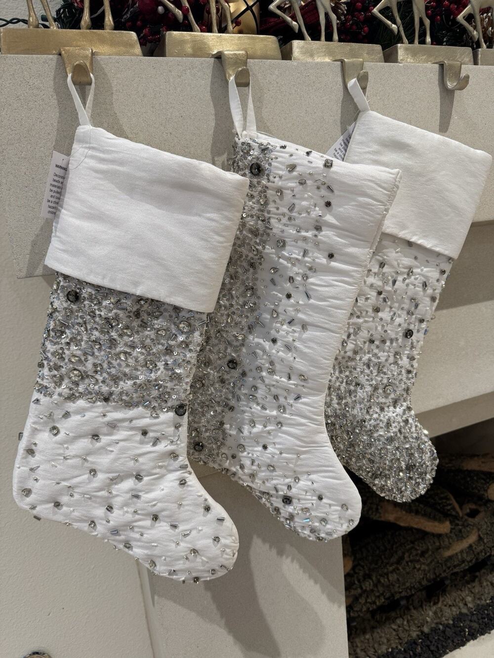 NEIMAN MARCUS Scattered Crystal Embellished Satin Stocking White Silver NEW $165